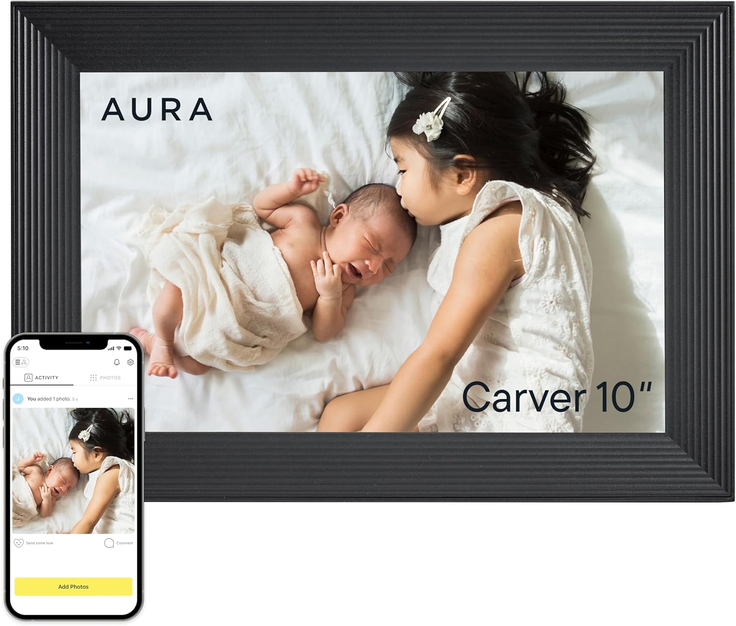 Aura Carver 10.1" HD Digital Picture Frame | Wirecutter's Best Digital Frame for Gifting | Send Photos Directly to Your Frame from Anywhere | Quick & Easy Setup Over WiFi | Unlimited Storage - Black