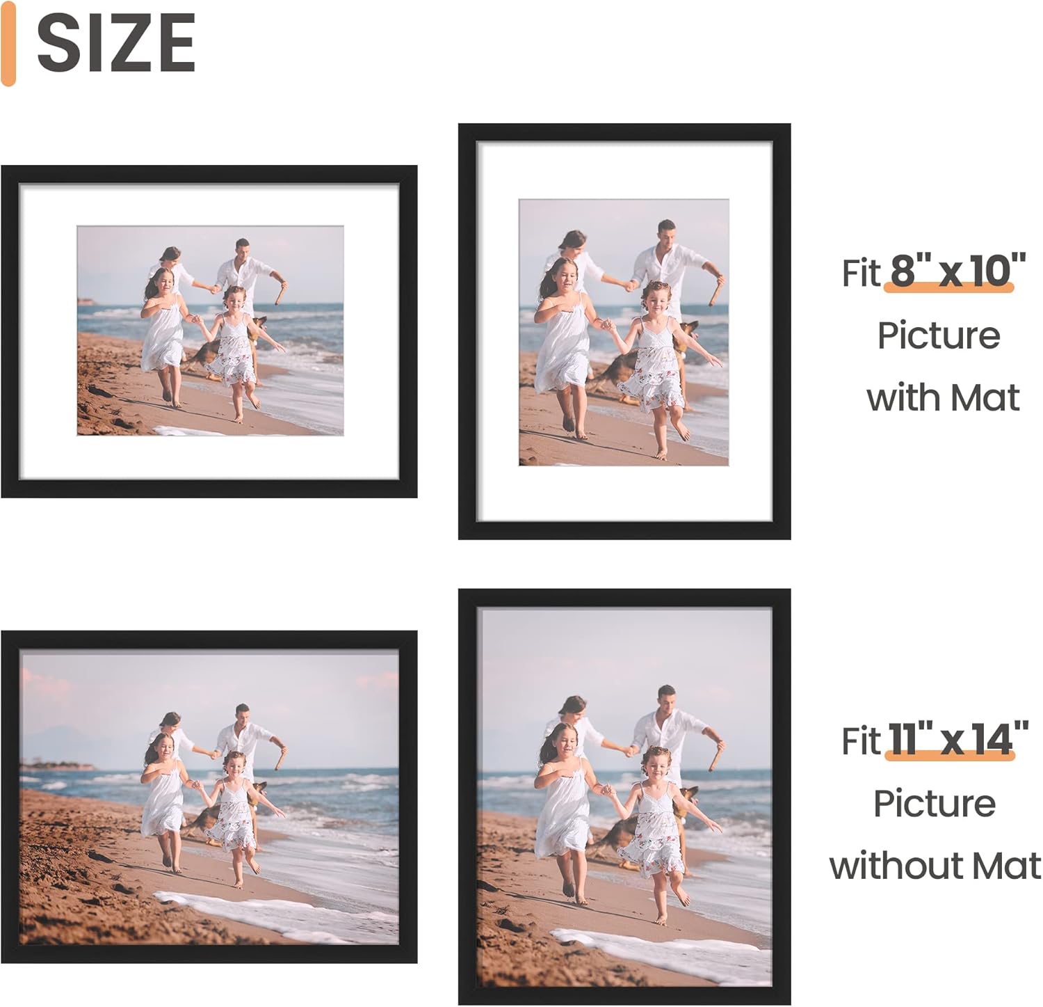 upsimples 11x14 Picture Frame Set of 3, Made of High Definition Glass for 8x10 with Mat or 11x14 Without Mat, Wall and Tabletop Display Photo Frames, Black - Image 2