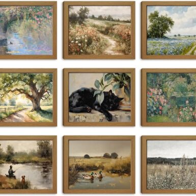 SEHSUVC Vintage Country Classic Oil Wall Art Set of 9, Flowers Tree Farmhouse Style Canvas Posters Wall Decor, Cute Sleeping Cat Nature Plant Prints for Bedroom Bathroom Home Decor Gifts 8x10inch Unframed